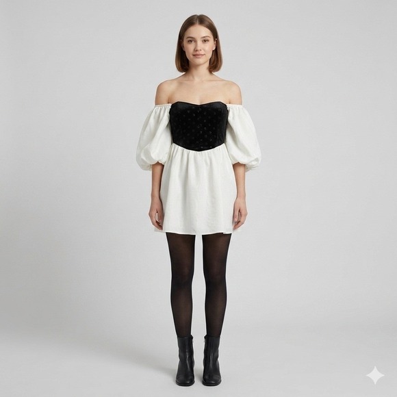 For Love & Lemons Dresses & Skirts - NEW For Love & Lemons Black White Velvet Polka Dot Puff Sleeve Mini Dress XS